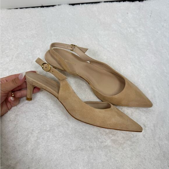 Stuart Weitzman Women's 50 Pointed Toe Kitten Heel Pumps Tan Suede 8 38.5 - Picture 9 of 12